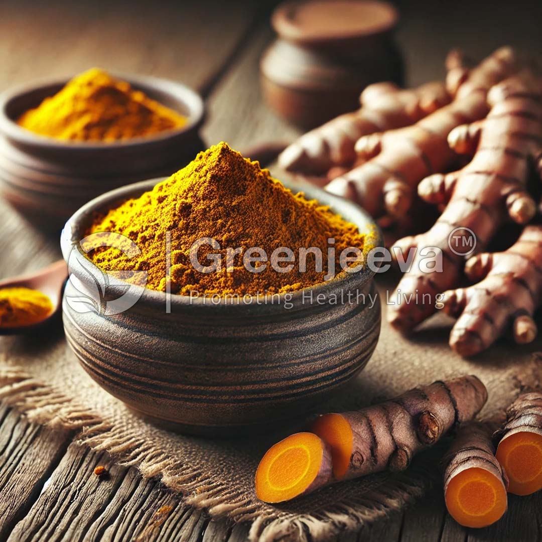 A close-up of turmeric powder in a wooden bowl, with fresh turmeric roots beside it on a rustic wooden surface.