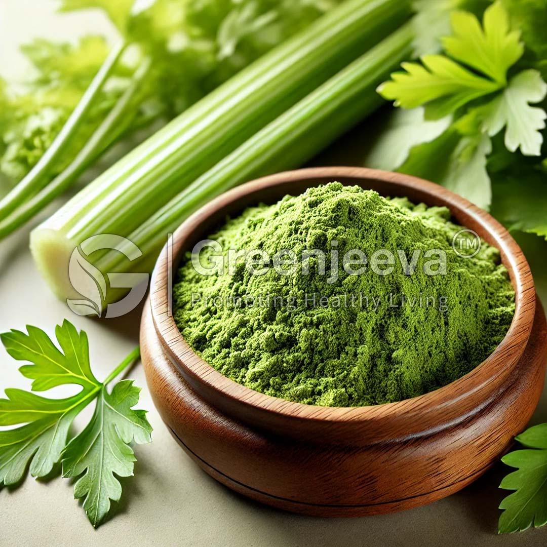 A wooden bowl filled with vibrant green Organic Celery Leaf Powder , surrounded by fresh celery stalks and parsley leaves.