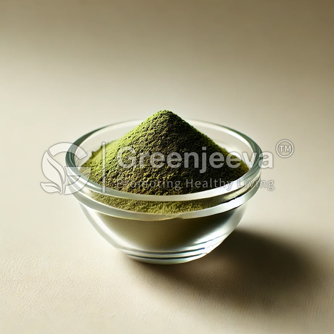 A small glass bowl filled with Organic Kale Powder, with a mound of powder prominently displayed.