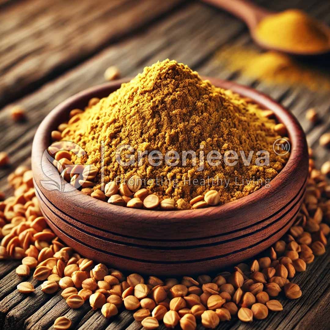 A wooden bowl filled with Organic Fenugreek seed powder, surrounded by sesame seeds on a rustic wooden surface.