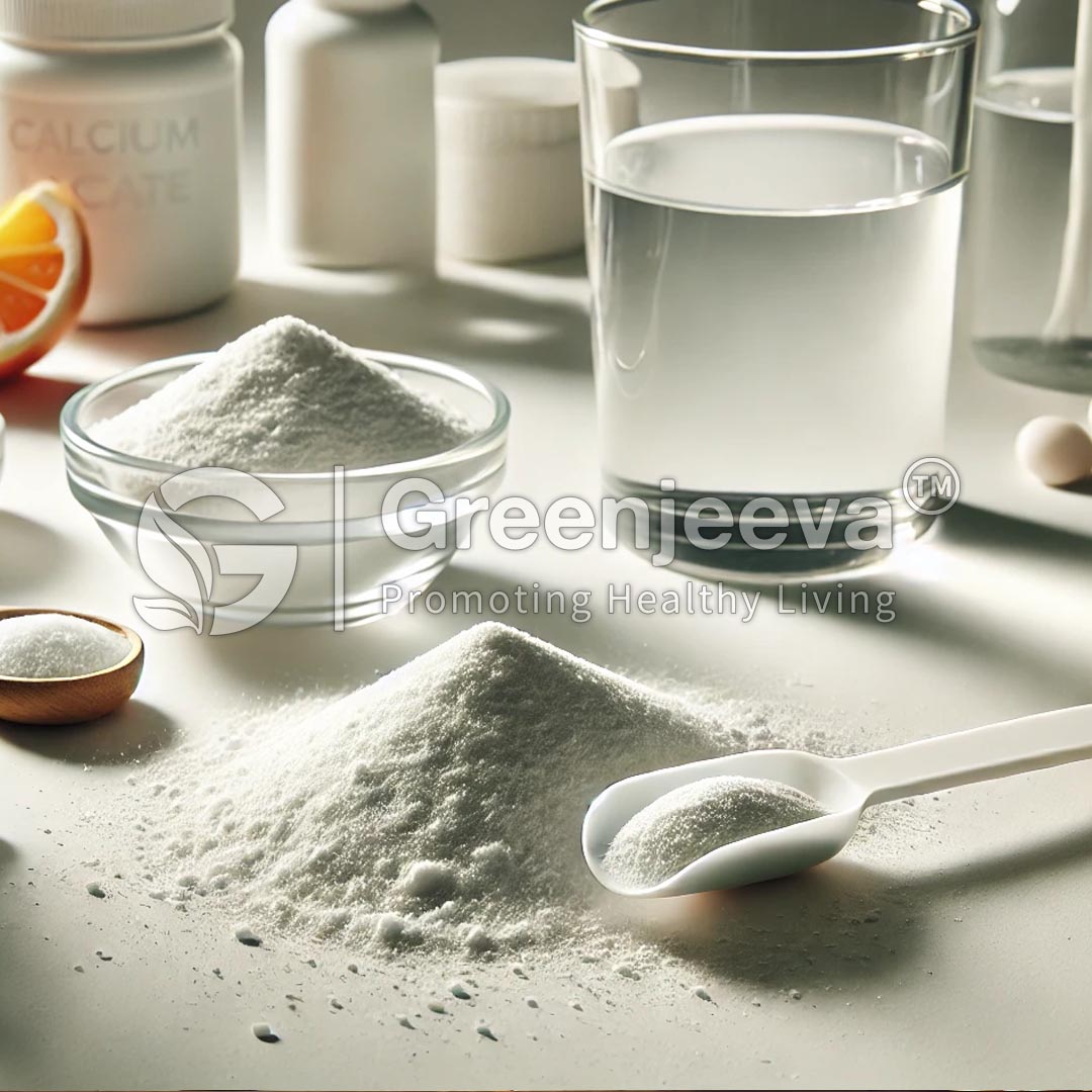 Calcium lactate powder and granules arranged on a table with measuring spoons, a bowl, a glass of water, and vitamin containers.