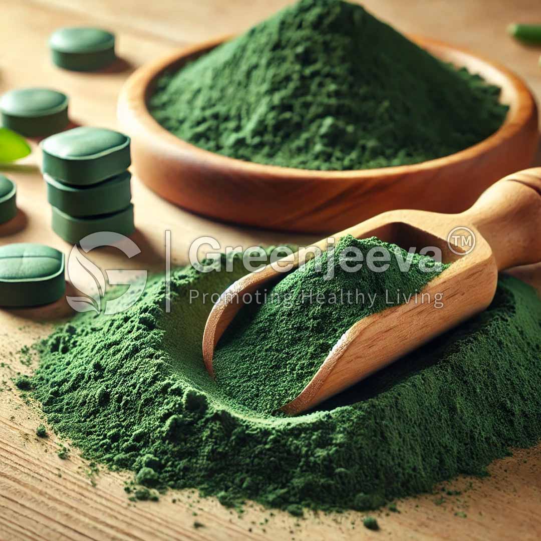 A wooden scoop rests on organic spirulina powder, surrounded by spirulina tablets and leaves, symbolizing healthy living and nutrition.