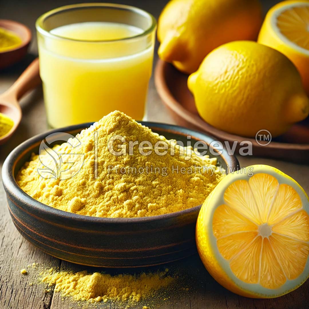 A bowl of lemon juice powder powder next to halved lemons and a glass of lemon juice, symbolizing health and freshness.