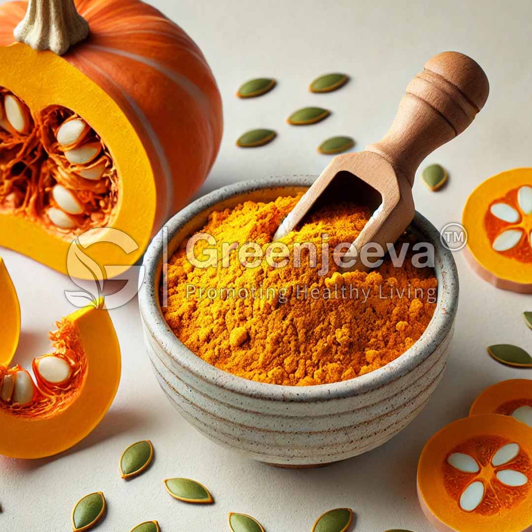 A bowl of bright orange pumpkin spice sits next to a halved pumpkin, showcasing seeds and vibrant orange flesh.