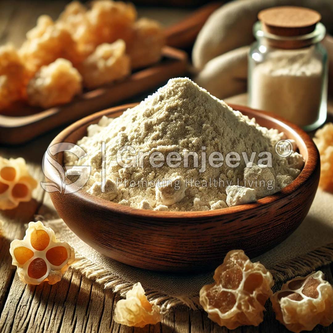 A wooden bowl filled with Boswellia serrata Extract Powder surrounded by natural resin pieces and a small glass jar, all on a textured fabric.