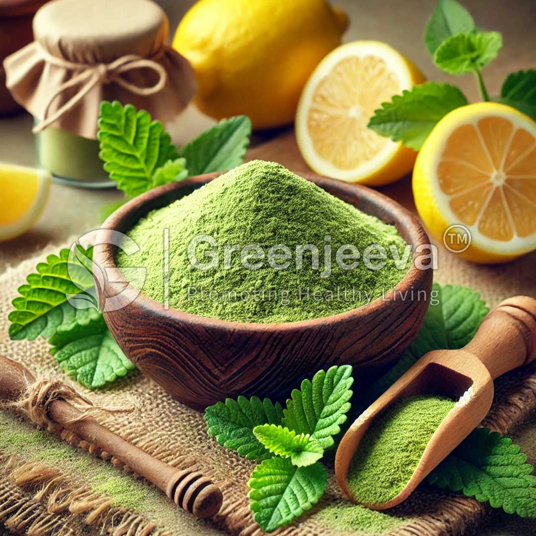 A rustic wooden bowl filled with lemon balm leaf powder, surrounded by fresh lemon slices and mint leaves, with a scooper nearby.