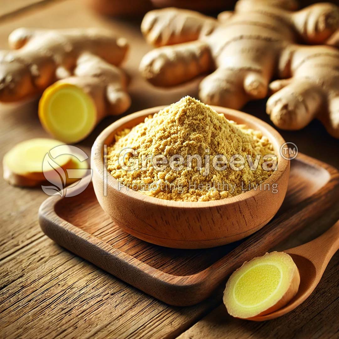 A bowl of Organic Ginger Root Powder on a wooden tray, surrounded by fresh ginger roots and sliced ginger pieces, highlighting healthy living.