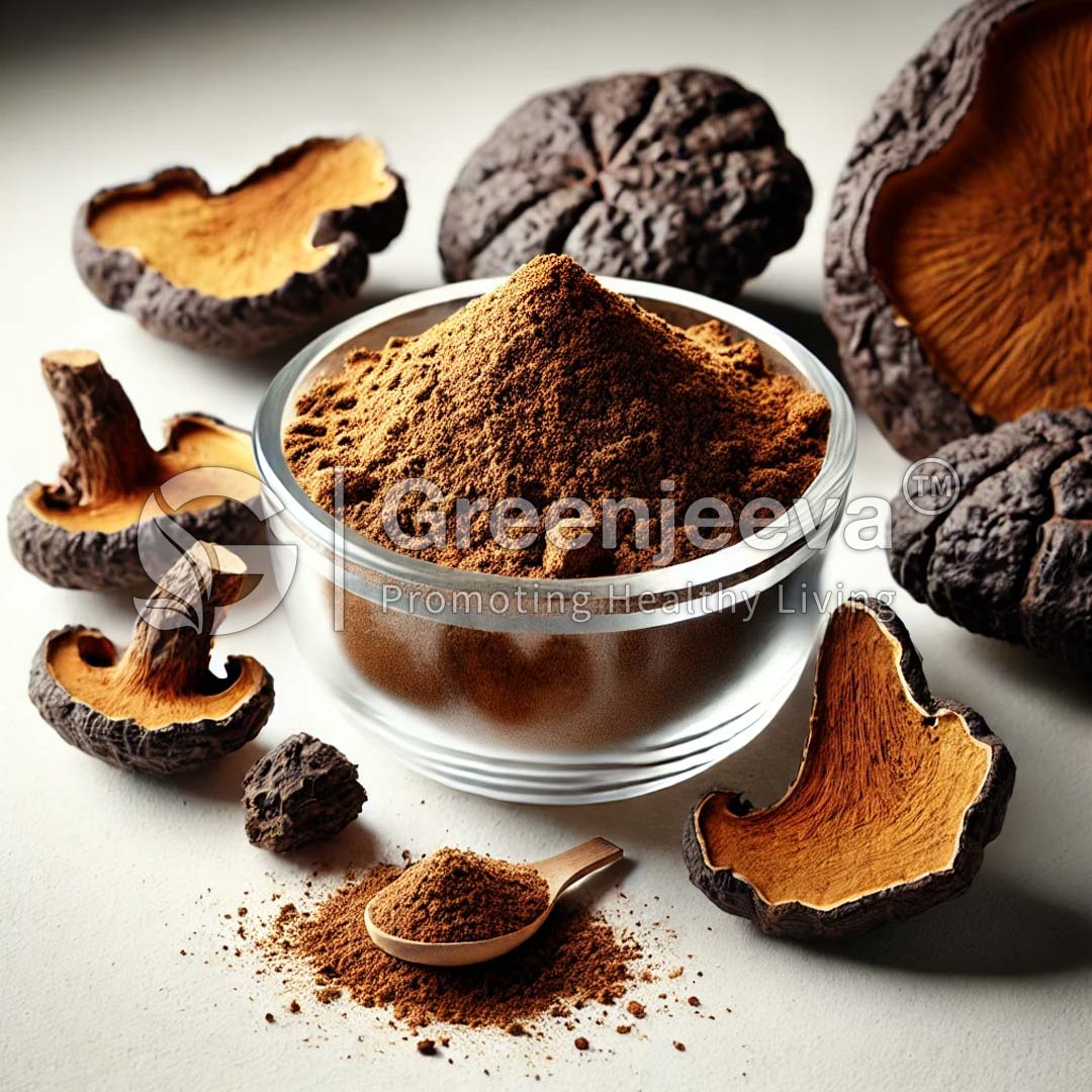 A glass bowl filled with Chaga Mushroom Extract Powder alongside dried mushroom slices and a wooden spoon.