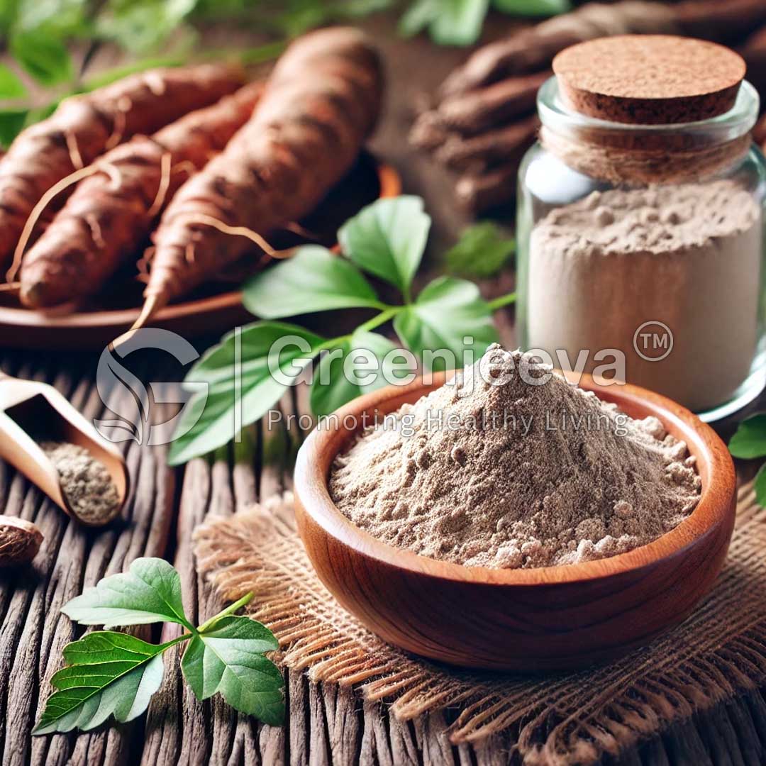 A wooden bowl of Shatavari Extract Powder 40% Saponin powder herb, fresh leaves, and roots, showcasing natural ingredients for health and wellness.