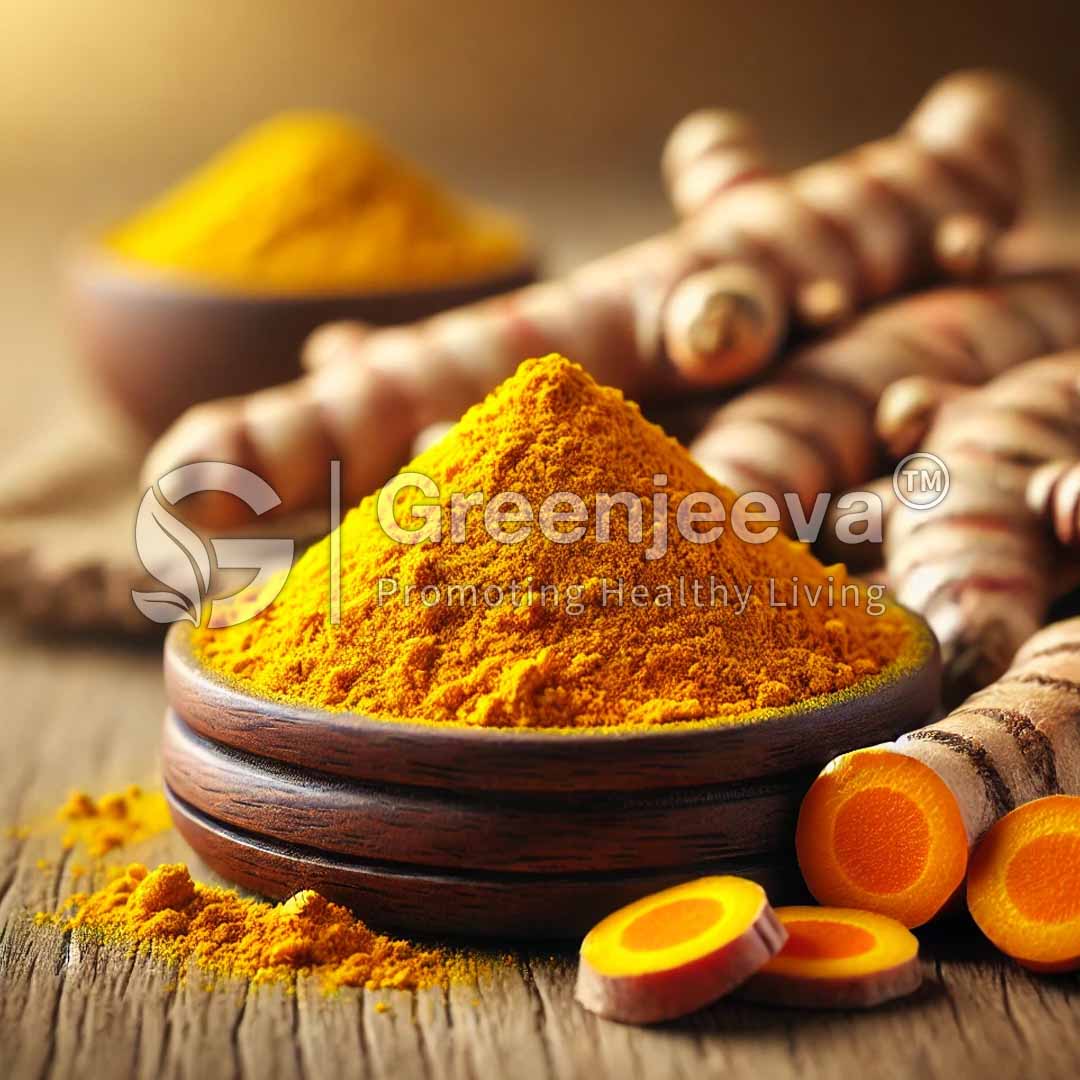 A bowl of vibrant yellow turmeric powder with whole turmeric roots and slices, emphasizing its rich color and health benefits.