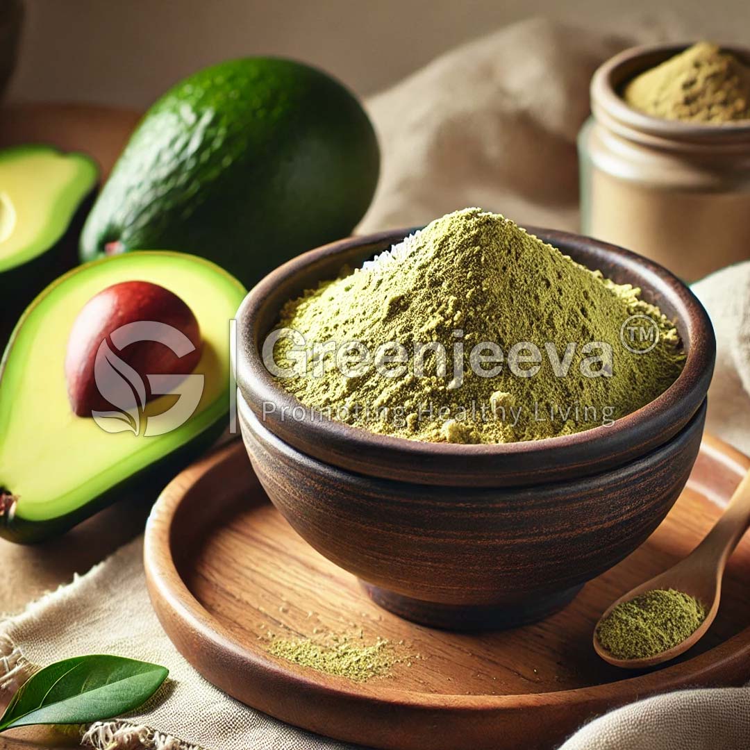 A wooden bowl filled with Organic Avocado Powder, surrounded by halved avocados and small jars, showcasing healthy ingredients.