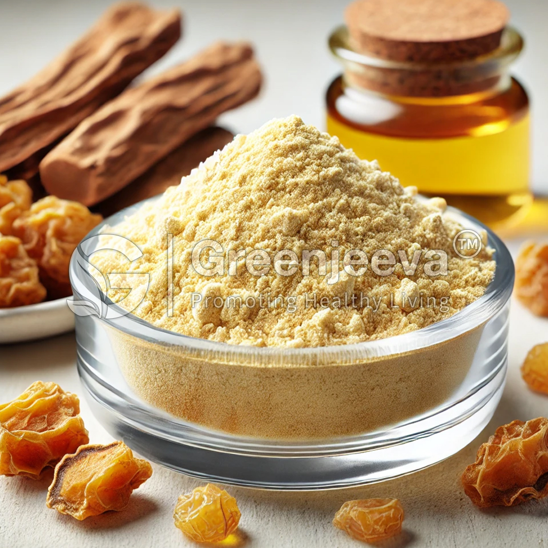 A bowl of Boswellia Extract Powder 65 % boswellic acid, Titrimetry herbal supplement with dried resin pieces nearby, and a small jar of oil in the background.
