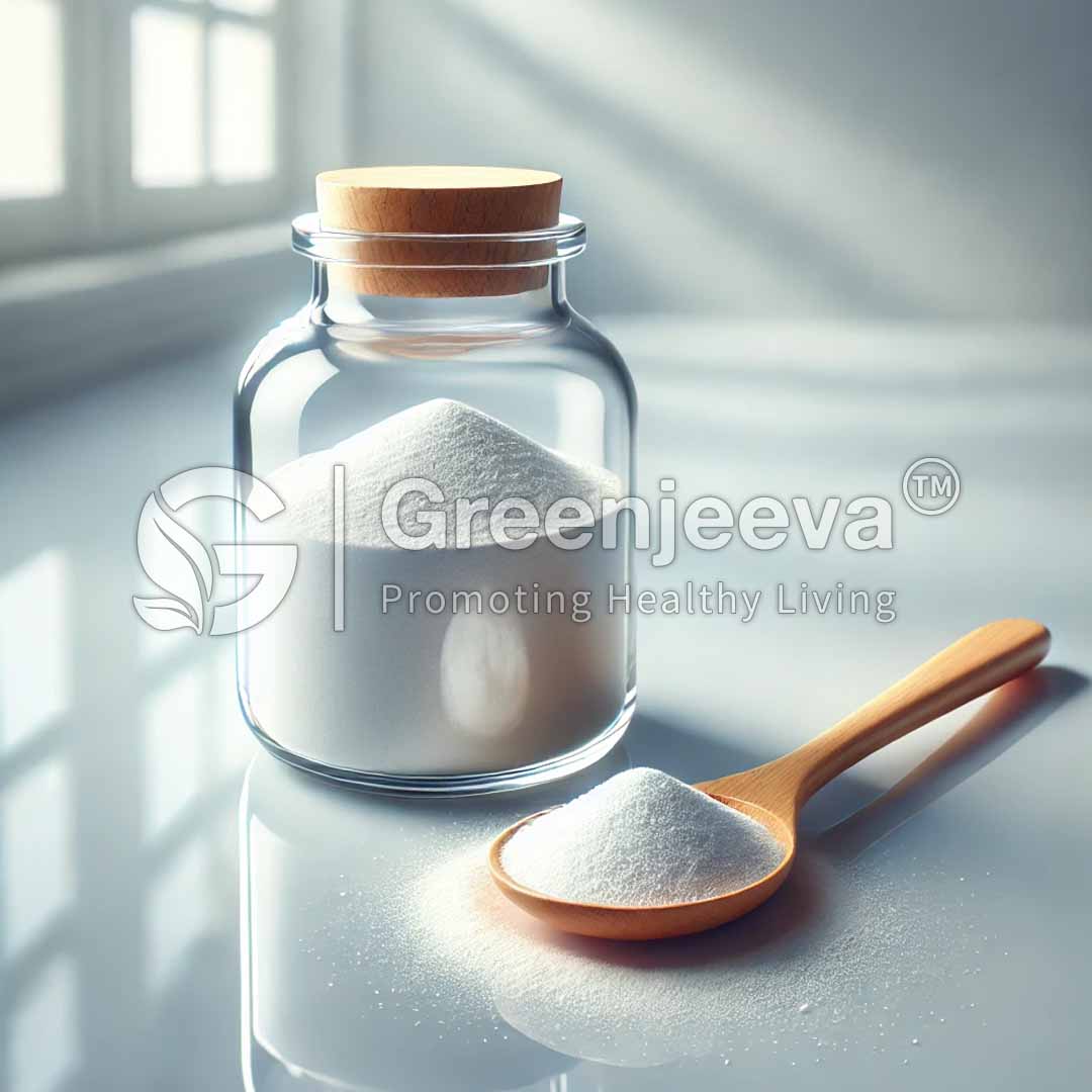 A glass jar filled with Calcium citrate powder, alongside a wooden spoon holding a scoop of the same powder, on a reflective surface.