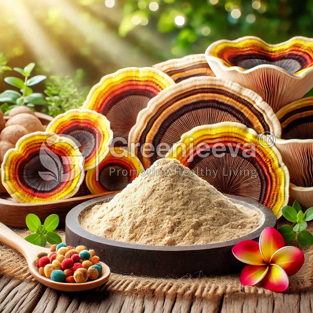 Colorful reishi mushroom slices surround a bowl of reishi mushroom powder.