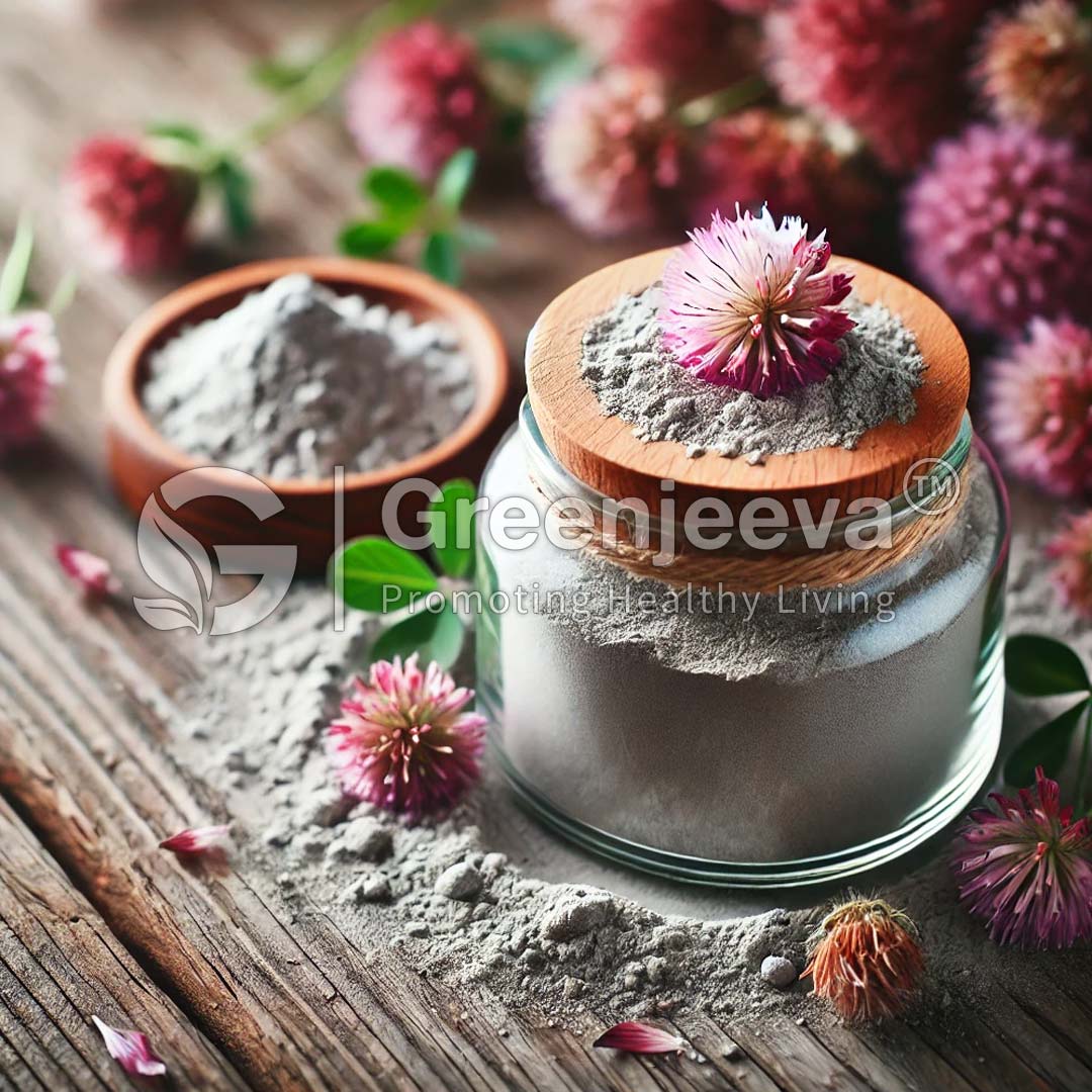 A glass jar filled with Organic Red Clover Powder is topped with a wooden lid.