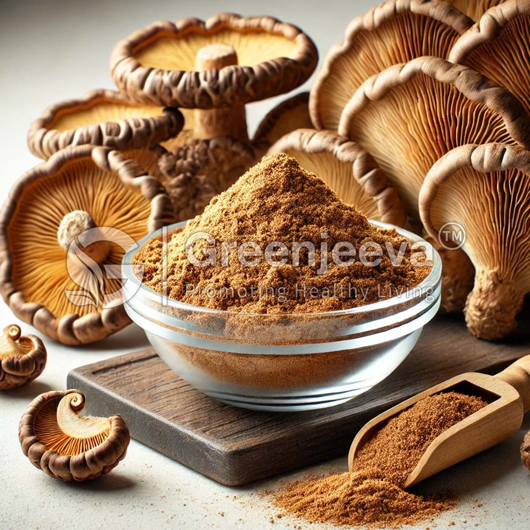 A bowl of Organic Maitake Mushroom Extract Powder sits on a wooden board, surrounded by dried mushrooms and a wooden scoop.