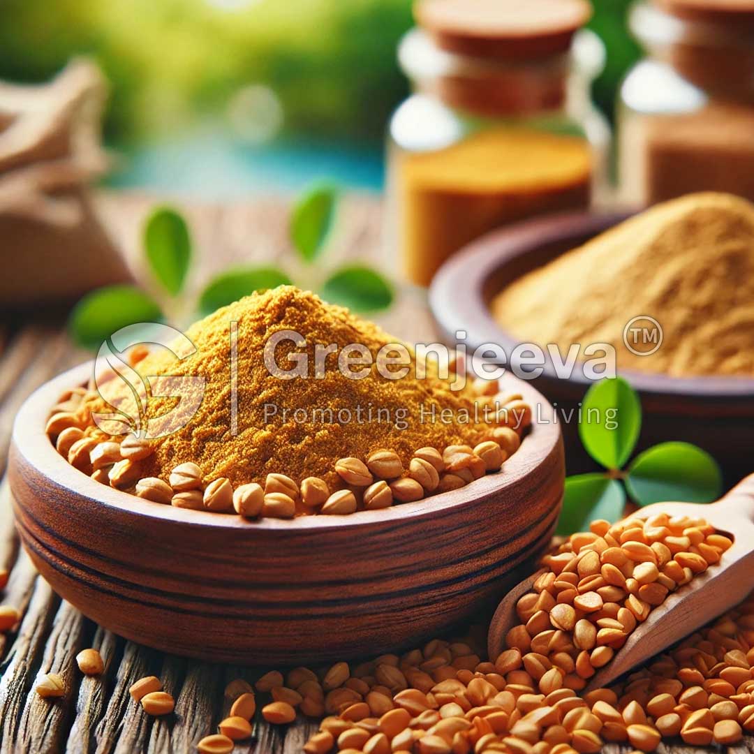 An assortment of spices, including yellow Fenugreek Seeds Extract Powder 50% Saponins, displayed in wooden bowls against a natural backdrop.