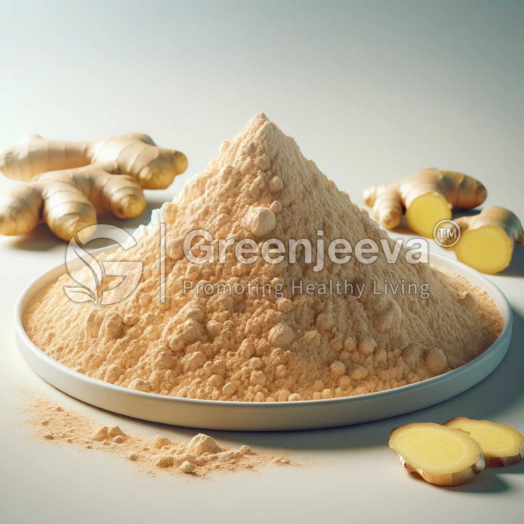 A mound of Ginger Extract Powder 10:1 sits in a white bowl, with fresh ginger roots and slices nearby, highlighting its natural and healthy appeal.