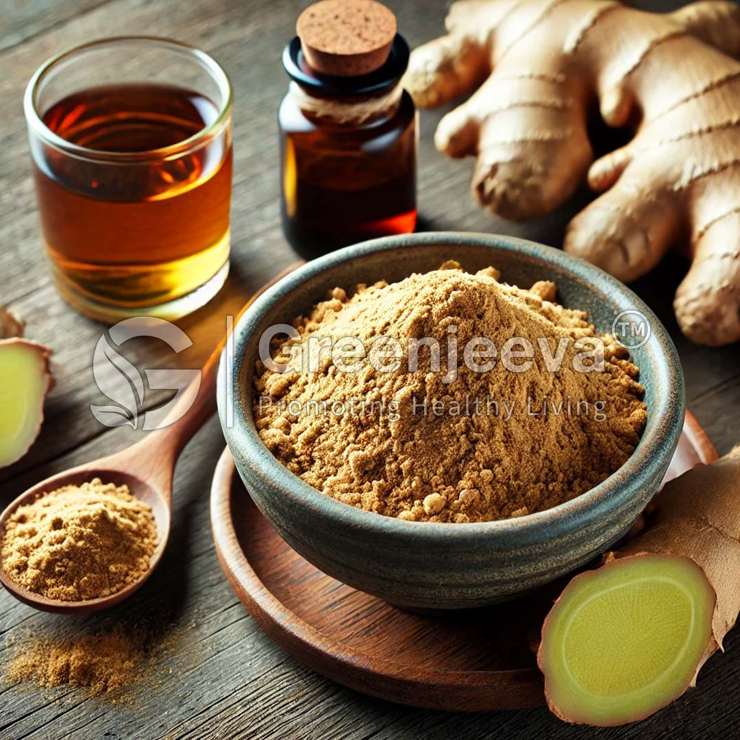 A wooden table displays a bowl of Ginger Extract Powder 2.5% Gingerol HPLC, fresh ginger, a spoon of ground ginger, and two glass jars of ginger oil.