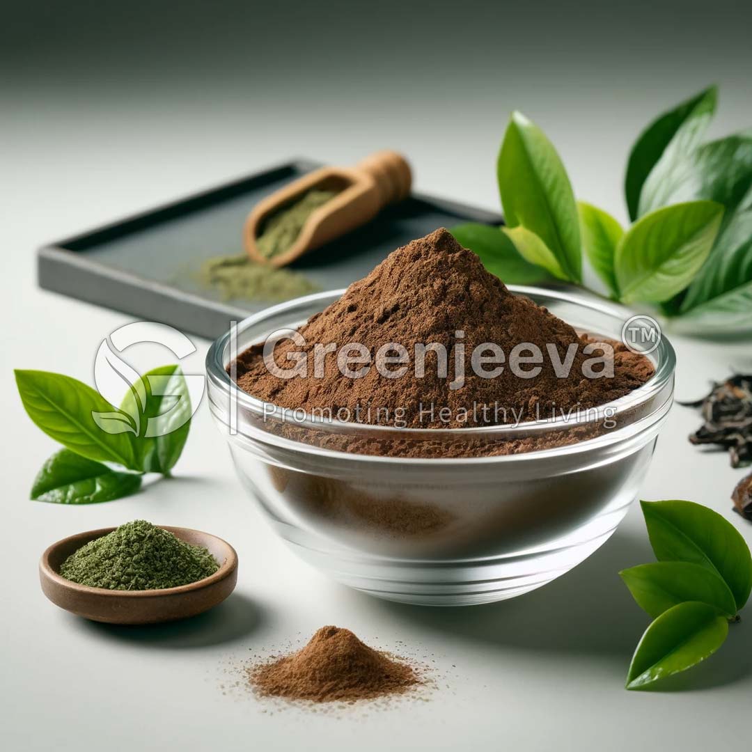 A glass bowl filled with Green Tea Extract Powder, surrounded by Green tea leaves.