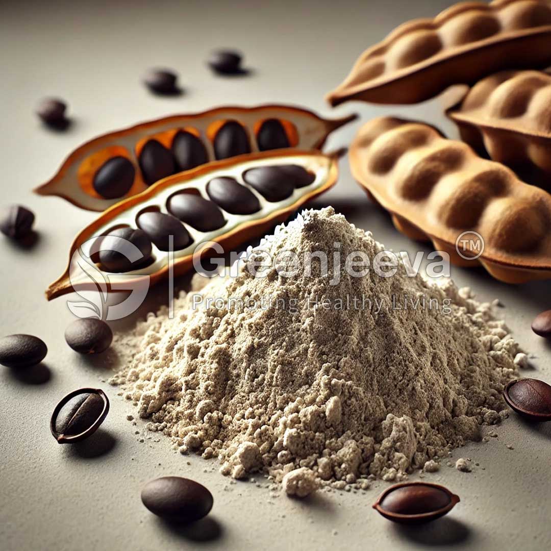 A mound of Mucuna pruriens Extract Powder 15% L-dopa, HPLC surrounded by cocoa pods, dark beans, and seeds, showcasing natural ingredients for healthy living.