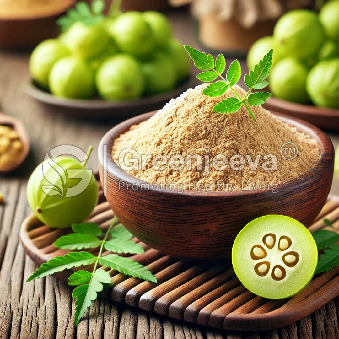 A bowl of Amla extract powder 40% tannins UV with fresh green neem leaves, surrounded by amla fruit, showcasing natural ingredients for healthy living.
