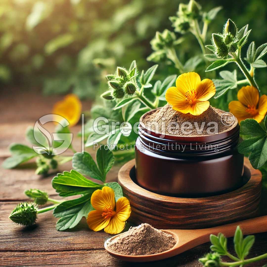 A jar Tribulus Extract Powder 40% Saponin, Gravimetric surrounded by green leaves and yellow flowers, symbolizing natural health and wellness.