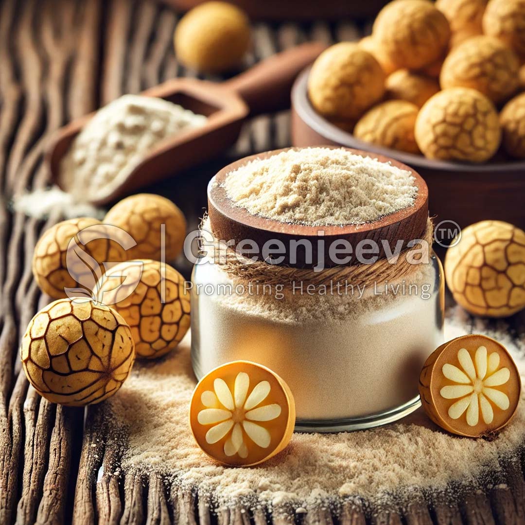 A jar of Organic Monk Fruit Powder surrounded by decorative yellow balls, on a wooden surface, evoking a natural and healthy lifestyle.