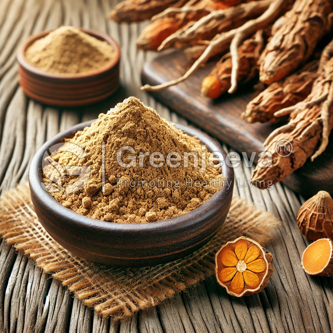 A bowl of Ashwagandha Extract Powder 1.5% Withanolides sits on a textured wooden surface, surrounded by roots and dried orange slices, evoking earthy natural remedies.