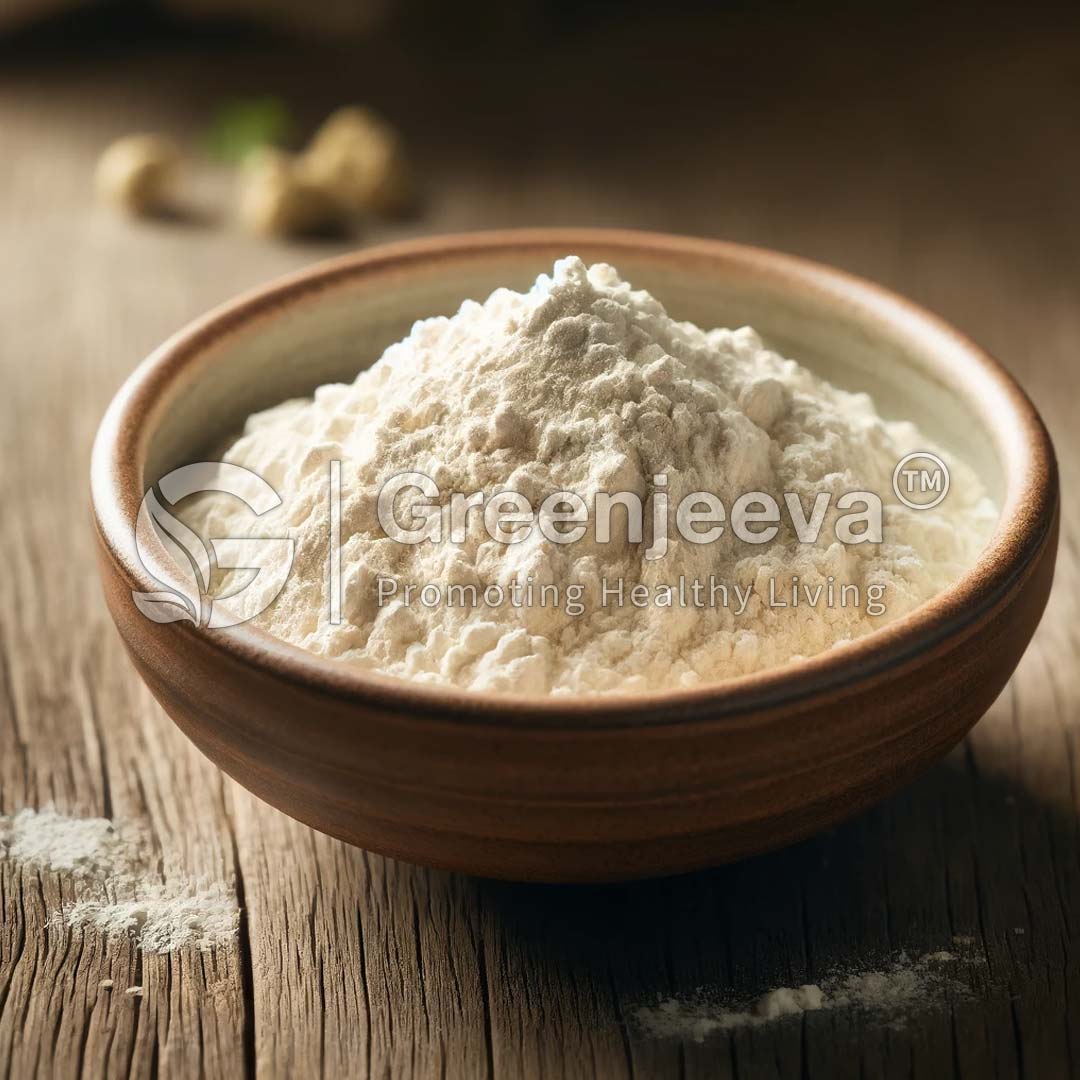 A small ceramic bowl filled with Boswellia serrata Extract Powder, resting on a wooden surface, with scattered flour nearby and soft natural lighting.