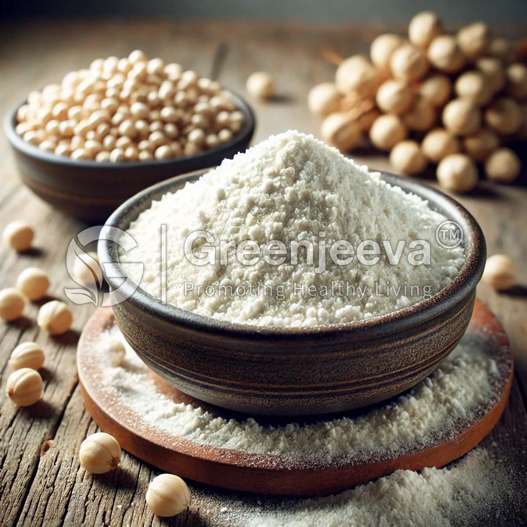 A bowl of Organic Guar Gum Powder sits on a wooden surface, with a smaller bowl of whole soybeans beside it, evoking a healthy cooking scene.