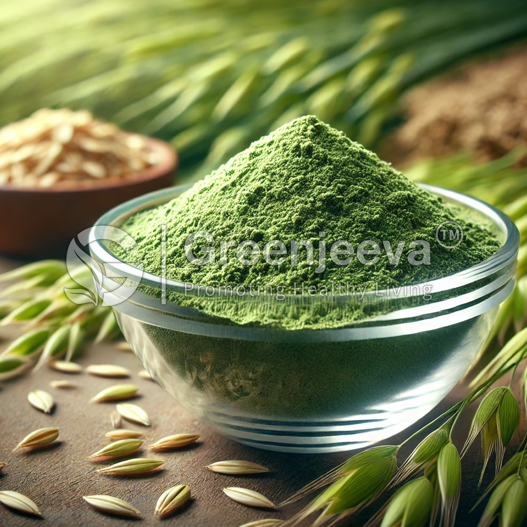 A glass bowl filled with Organic Oat Grass Powder sits on a wooden surface, surrounded by oat grains and green oat plants in the background.