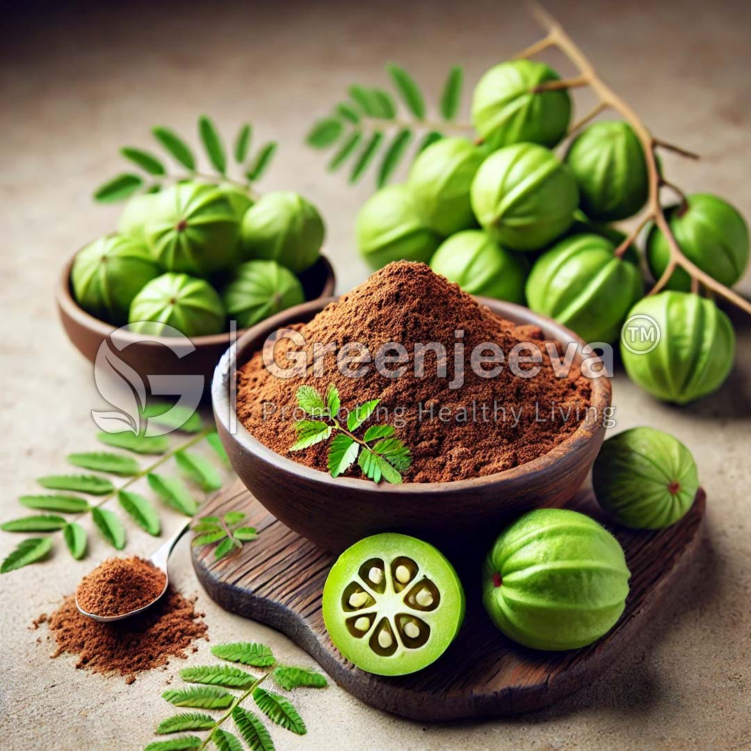A bowl of Amla Extract Powder 40% Tannin surrounded by fresh green amla fruits and leaves, showcasing natural health ingredients.