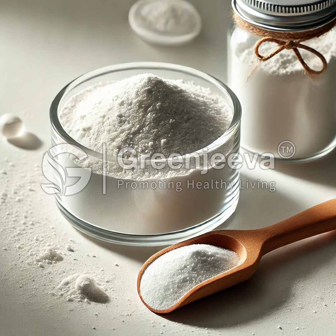 A glass bowl filled with tricalcium Phosphate powder, accompanied by a wooden spoon. Nearby, a jar of the tricalcium Phosphate substance and scattered powder on a surface.