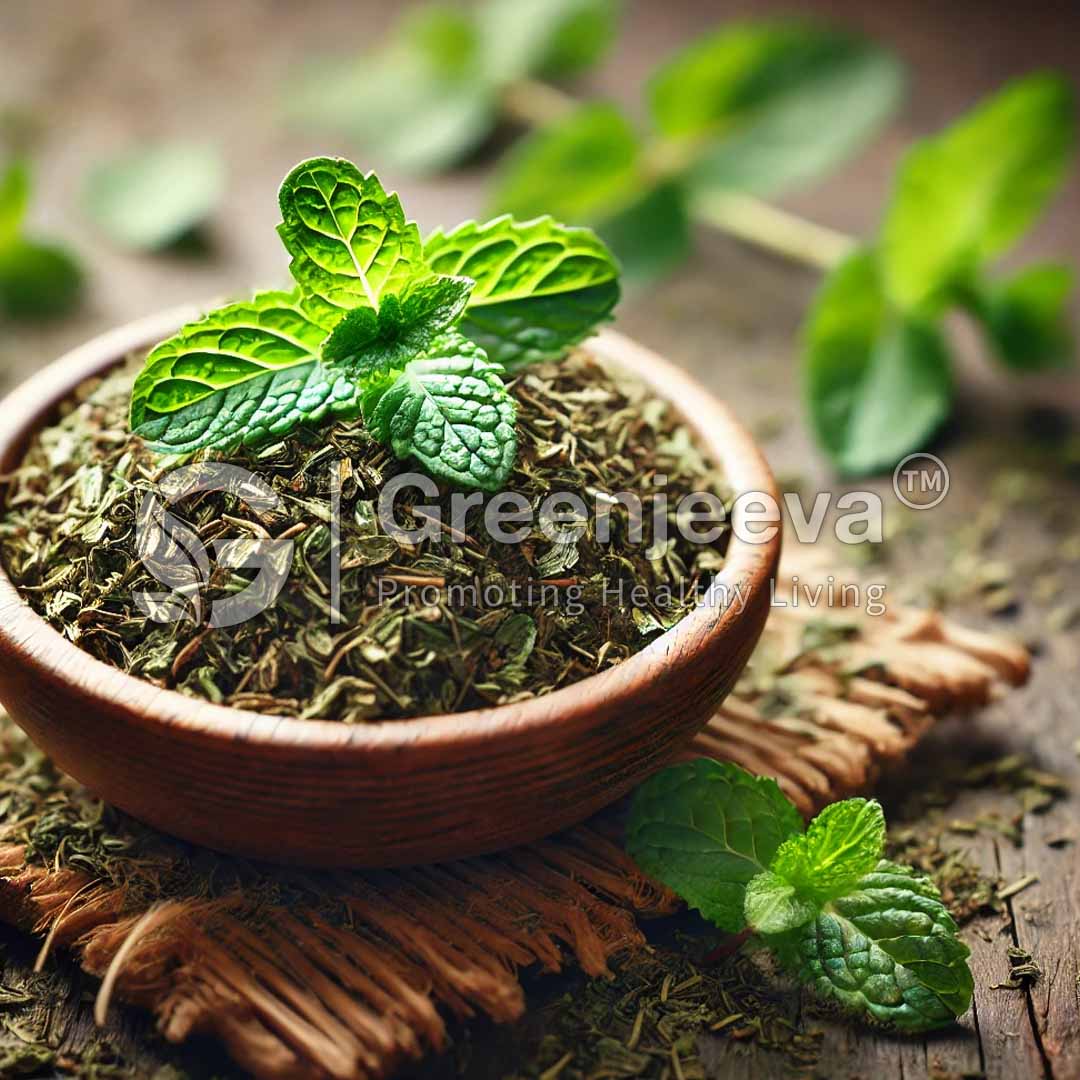 A wooden bowl filled with dried peppermint leaves topped with fresh mint sprigs, surrounded by scattered leaves on a rustic surface.