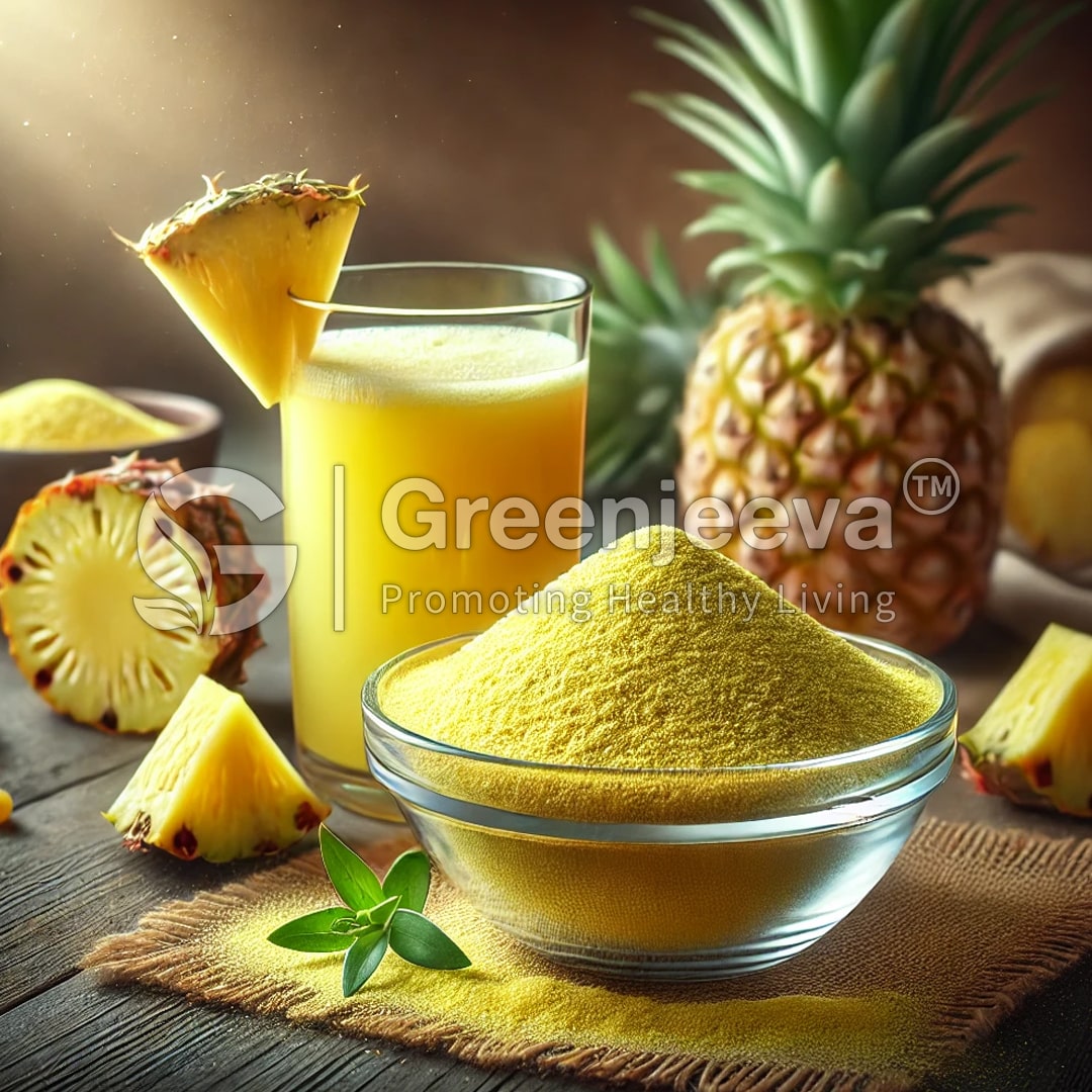 A glass of fresh pineapple juice, surrounded by pineapple slices and a bowl of yellow powder.