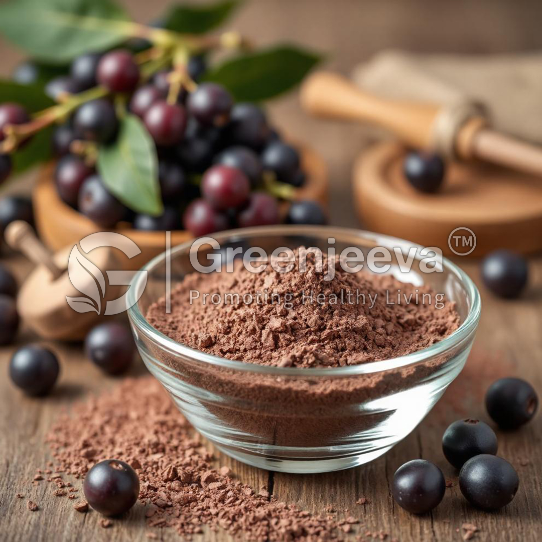 A bowl of Organic Aronia Berry Powder surrounded by fresh blackcurrants and wooden utensils on a rustic wooden surface, symbolizing healthy living.