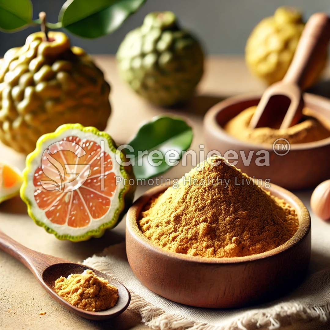 Image of Bergamot Extract Powder in wooden bowls, with fresh bergamot and slices nearby.