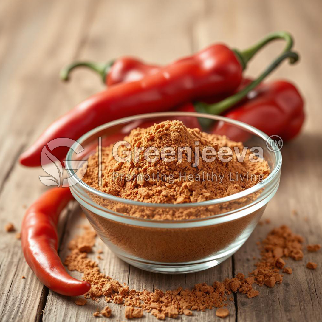 A glass bowl filled with Capsicum Extract Powder 2% Capsaicin, surrounded by fresh red chili peppers on a wooden surface.