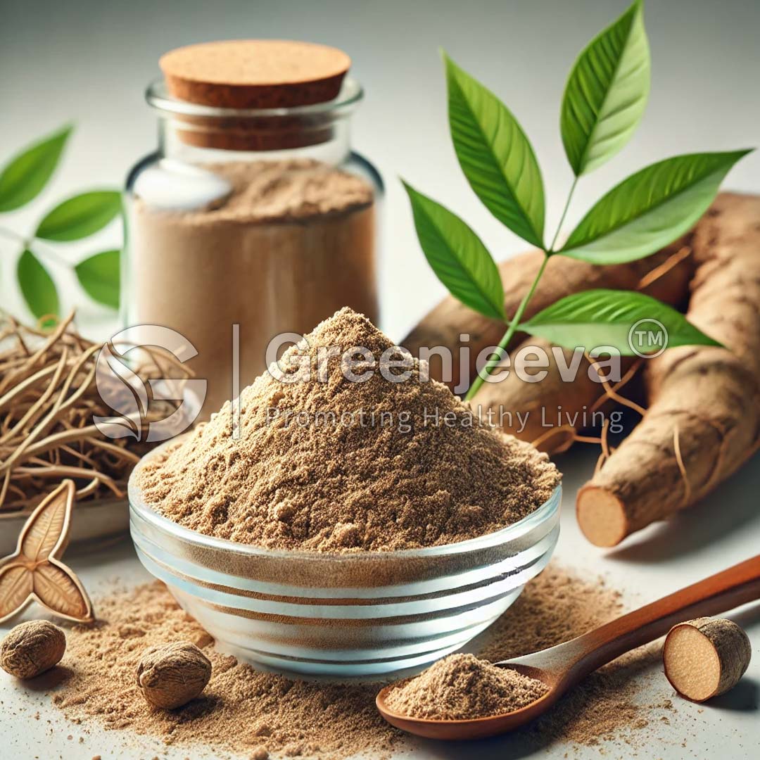 A bowl of Fadogia Agrestis Extract Powder 50:1 surrounded by roots, leaves, and a jar, representing natural remedies and healthy living.