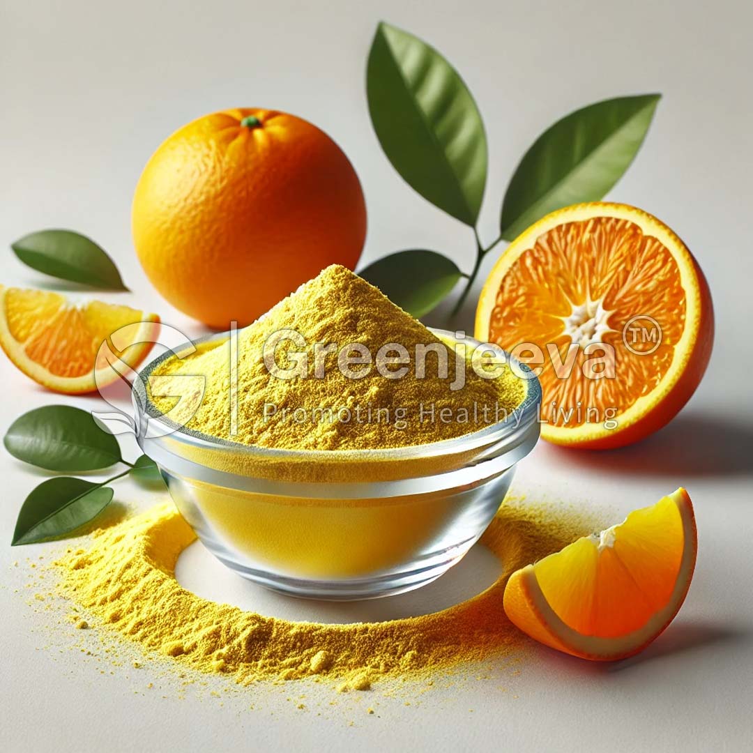 A glass bowl filled with orange powder, surrounded by fresh oranges and green leaves, adding a vibrant touch to the composition.