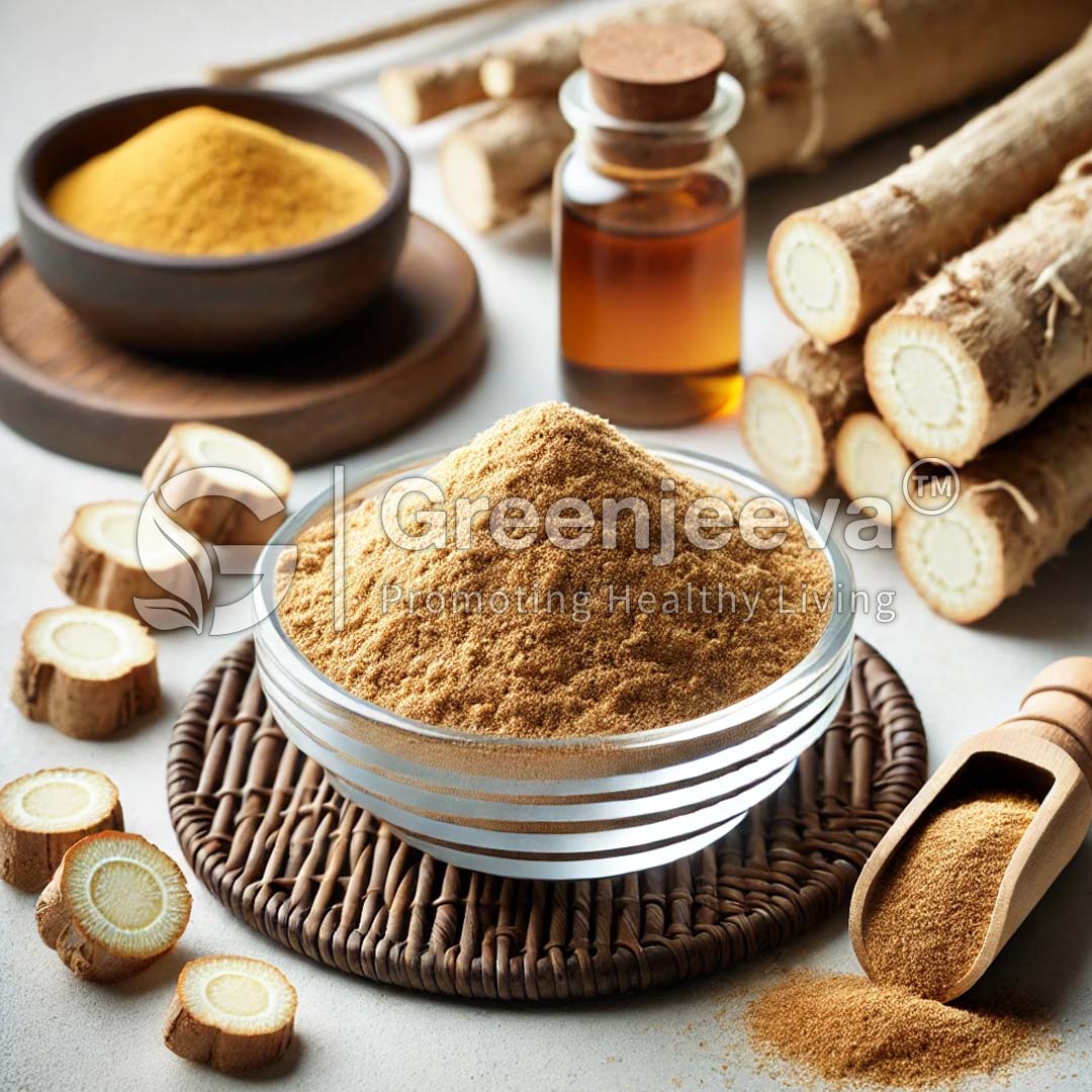 An arrangement of Organic Marshmallow Root Powder in bowls, log slices.