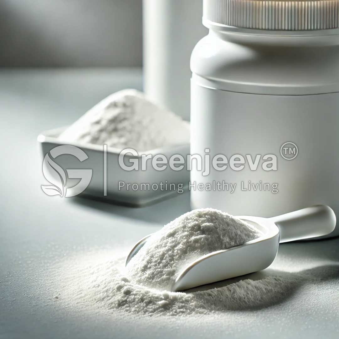 A Calcium L-Threonate Powder scoop rests on a table beside a small dish of powder and a white container, emphasizing a clean, healthy lifestyle.