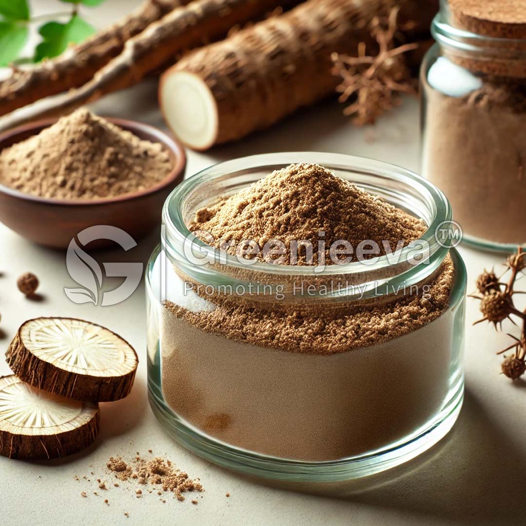 A glass jar filled with Burdock Root Extract Powder, surrounded by Burdock roots.