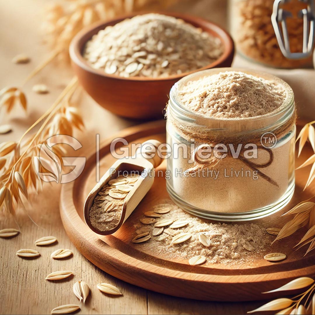 A jar of Oat Extract Powder 15% Beta glucan sits on a wooden plate, surrounded by oats, a scoop, and decorative oat stalks in a warm, inviting setting.