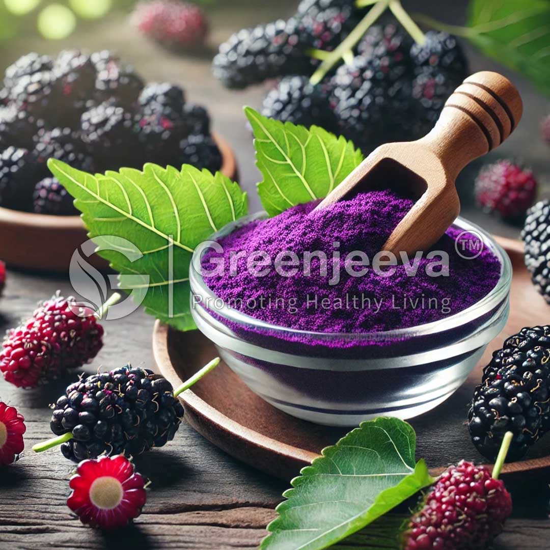 A bowl of vibrant mulberry juice powder sits with fresh blackberries and green leaves, symbolizing health and natural ingredients.
