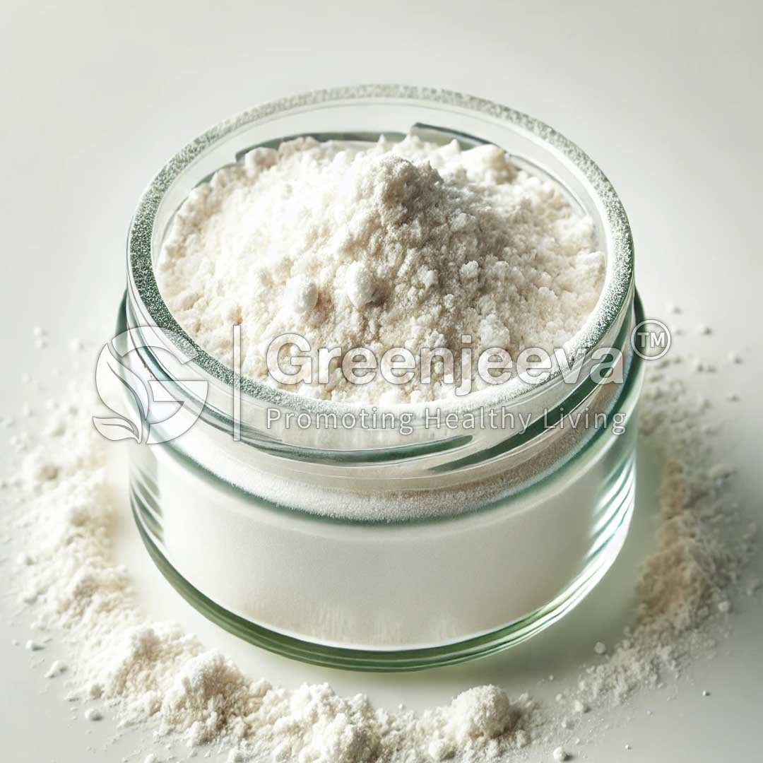 A glass jar overflowing with fineOrganic Coconut Flour Powder.