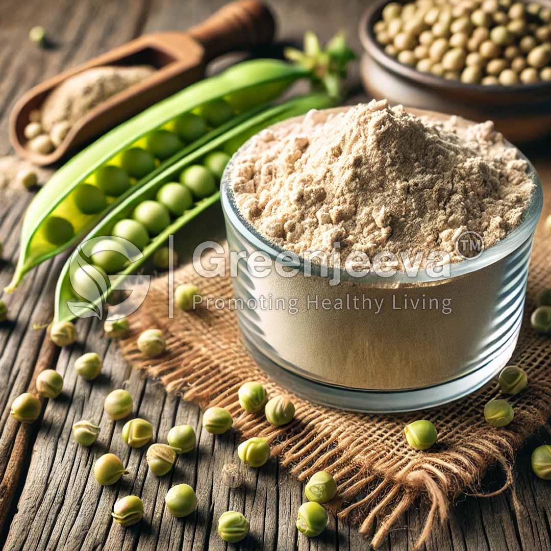 A glass bowl filled with Organic Pea Protein Powder sits on a burlap mat, surrounded by green peas and pods on a rustic wooden surface.