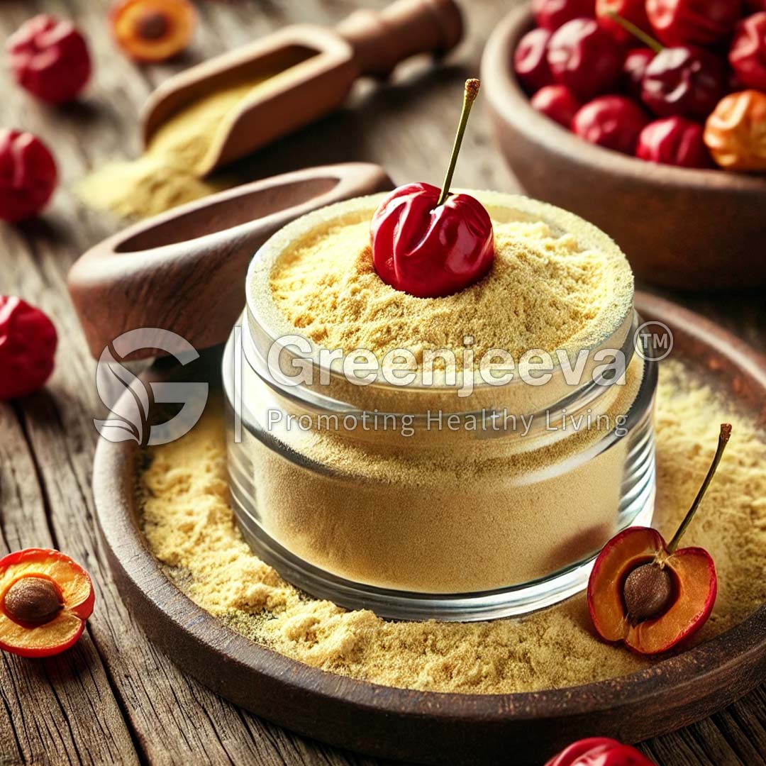 A jar of yellow spice topped with a Acerola Cherry Extract Powder 32% Vitamin C sits on a wooden surface, surrounded by red peppers and scoop tools.