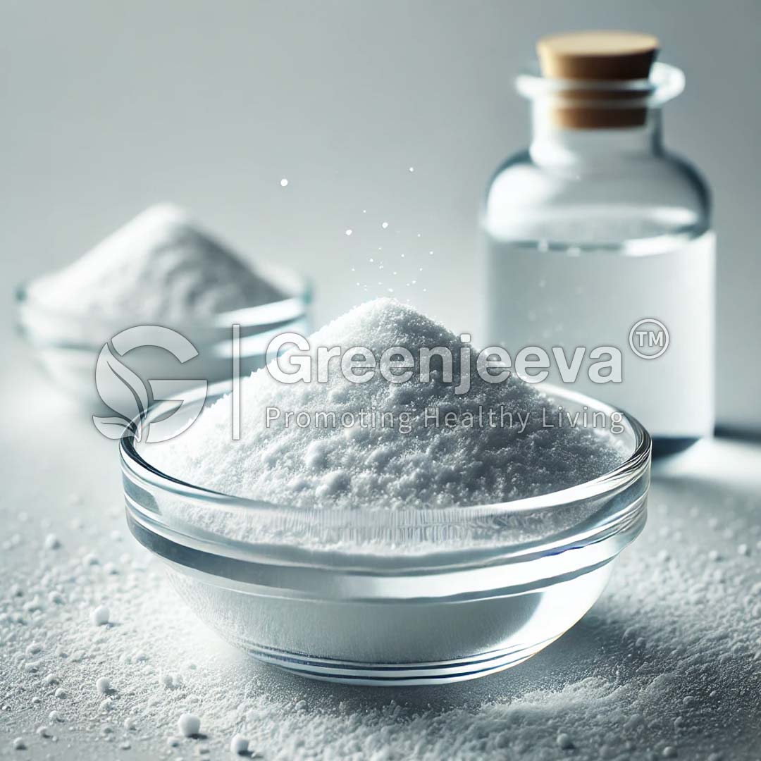 A clear glass bowl filled with Sodium Acetate anhydrous Powder, surrounded by smaller bowls of powder and a glass jar of liquid, on a light background.